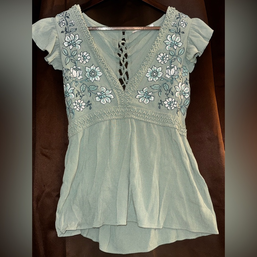 Floral Embroidered Green Top